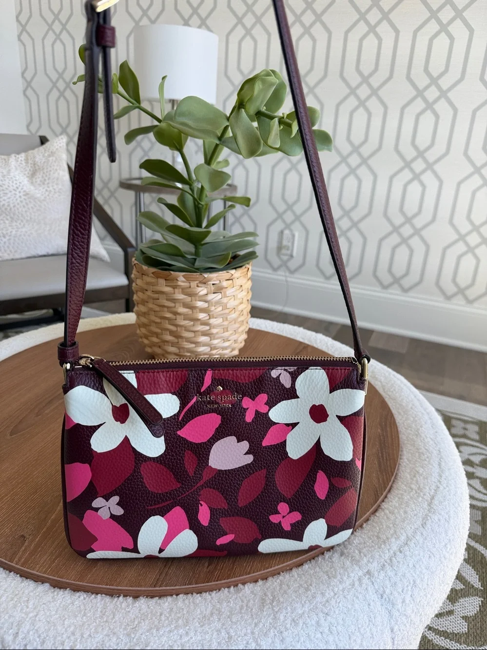 Kate Spade Floral Crossbody Purse Pink Burgundy Leather Like New